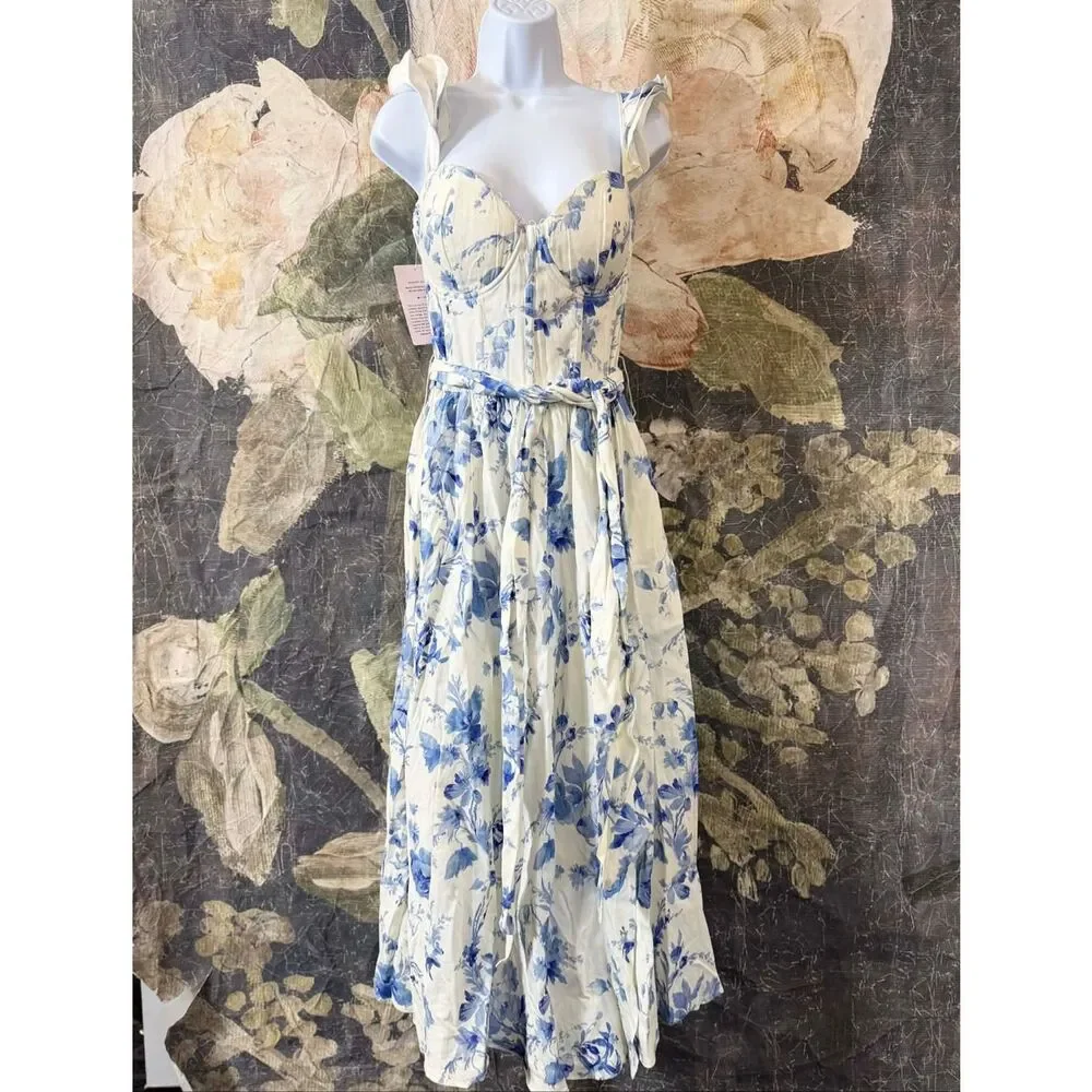 New Anthropologie V. Chapman Vera Ruffle-Strap Corset Side-Slit Midi Dress Size - Picture 6 of 13